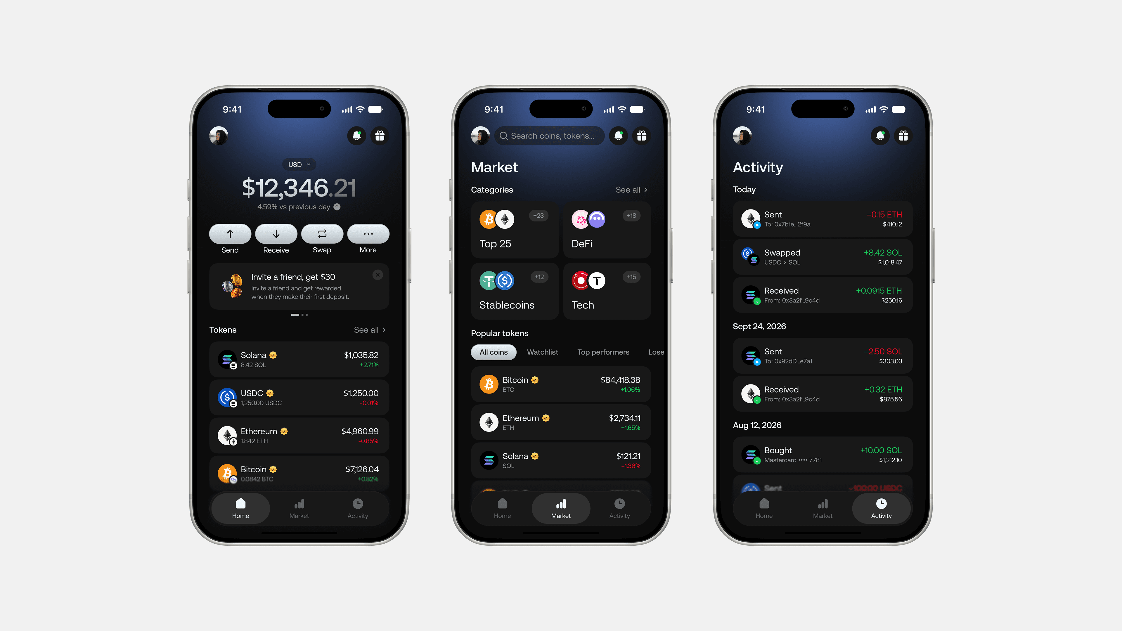 Project 01: Crypto wallet app: home, market, and activity screens